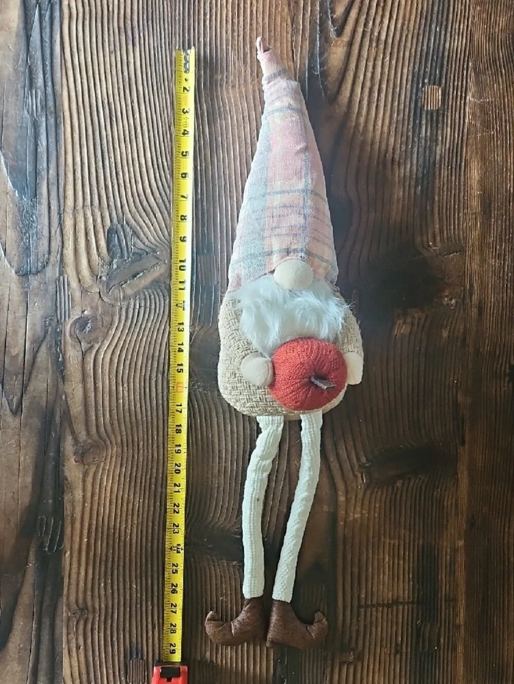 Plush Gnome Doll with Plaid Pink Hat and Red Pumpkin